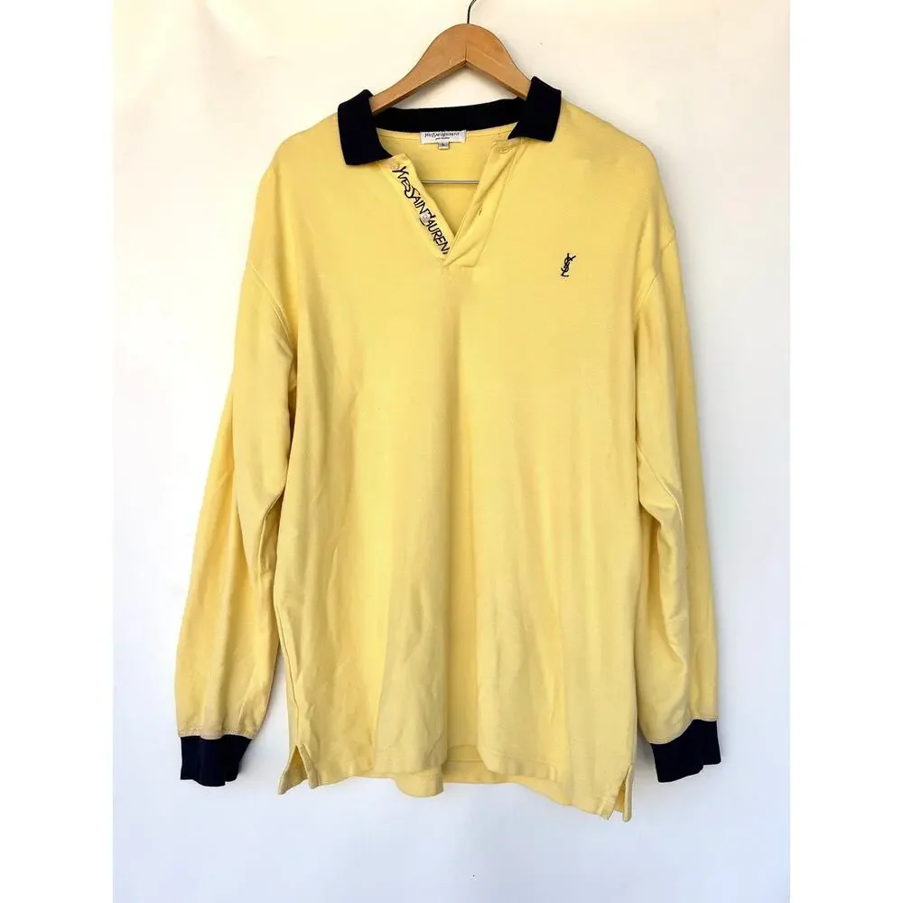 Vintage Yves Saint Laurent Oversized Shirt Long Sleeve Yellow YSL Logo Sporty